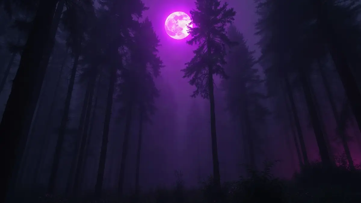 Cinematic misty forest at night under magenta-violet light