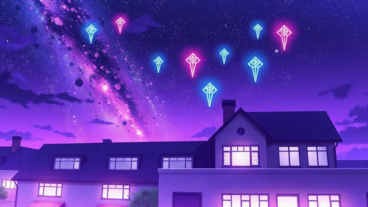Anime-style rooftop under a violet sky with light glyphs