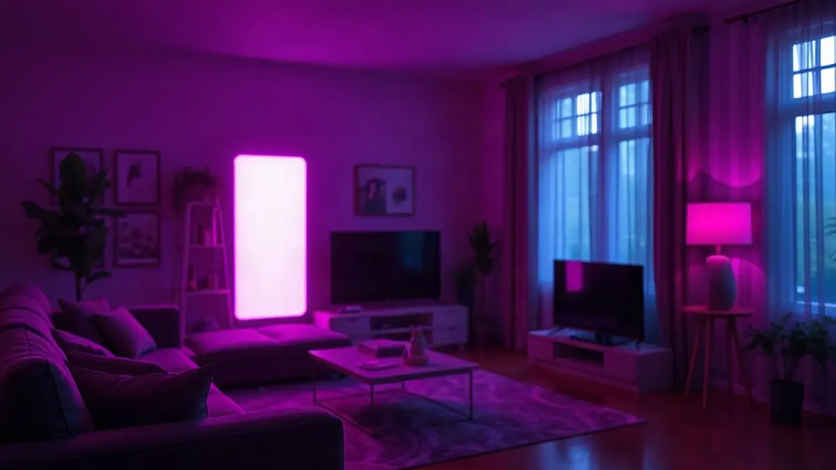 Smartphone casting magenta light in a violet room