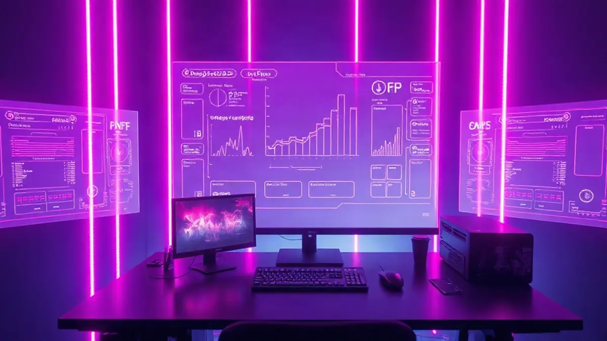 Stylized game-development desk with neon magenta panels