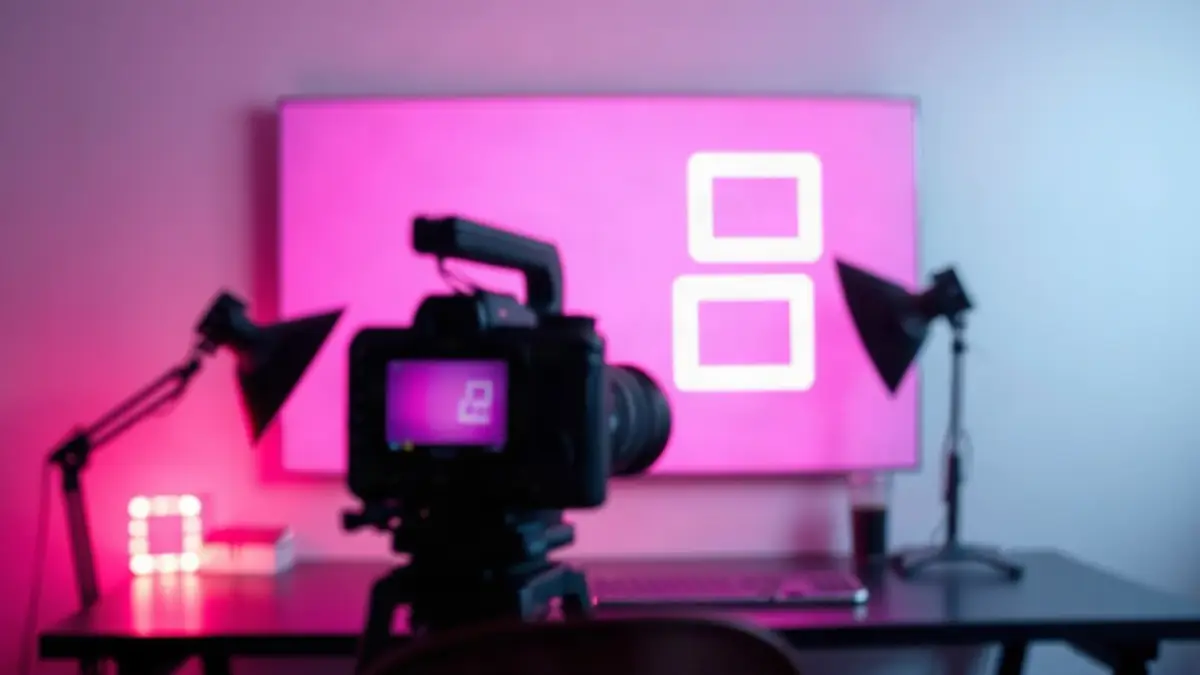 Abstract creator studio desk lit in purple and magenta